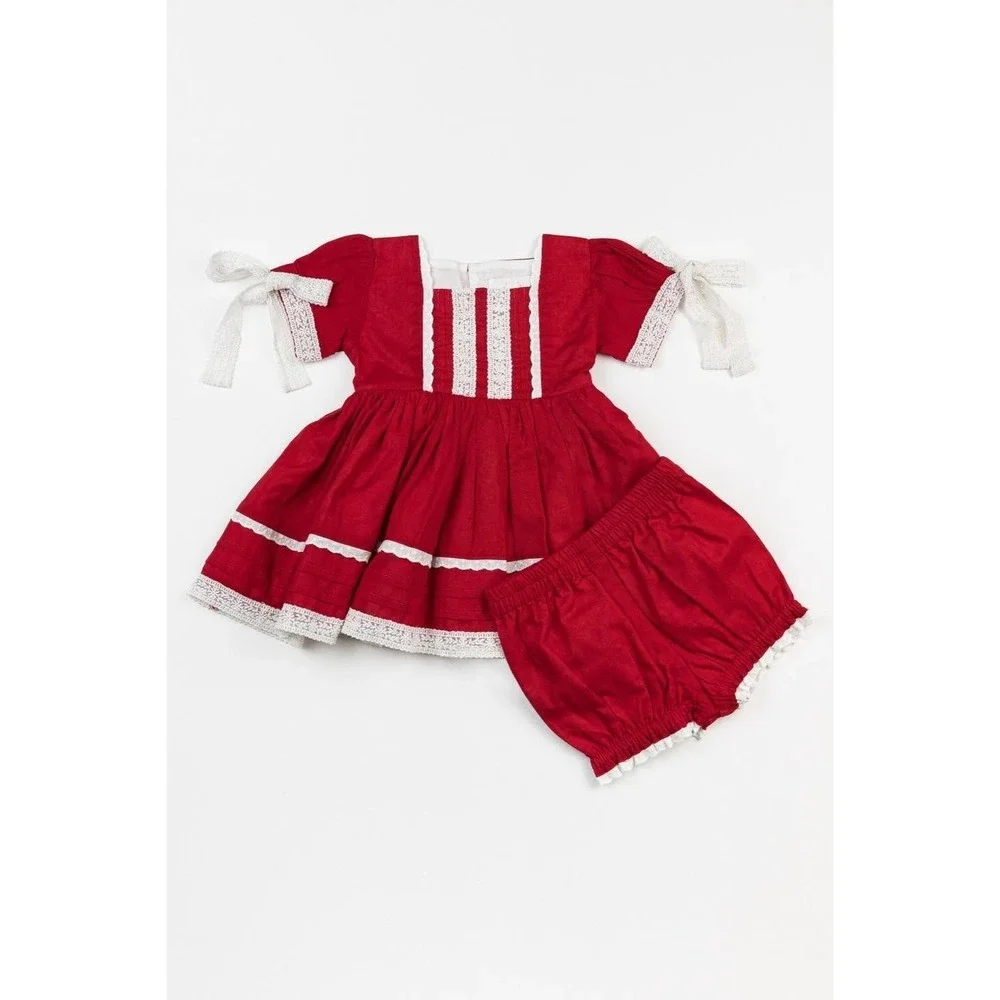 Well Dressed Wolf Girls Red Lawn Party Holiday Tunic‎ Bloomer Set Cotton Xmas 3T